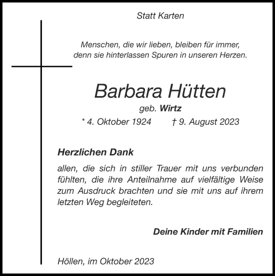 Traueranzeige von Barbara Hütten von Zeitung am Sonntag
