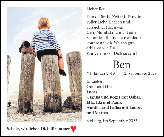 Traueranzeige von Ben  von Zeitung am Sonntag