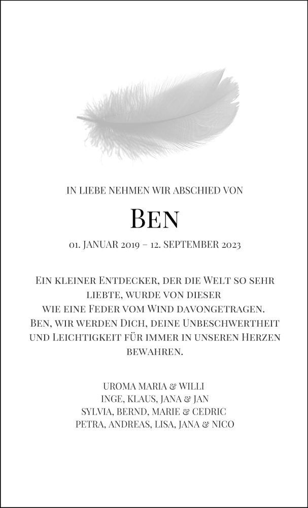  Traueranzeige für Ben  vom 24.09.2023 aus Zeitung am Sonntag