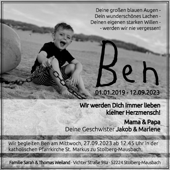Traueranzeige von Ben  von Zeitung am Sonntag