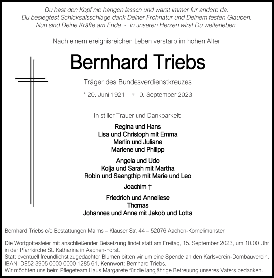 Traueranzeige von Bernhard Triebs von Aachener Zeitung