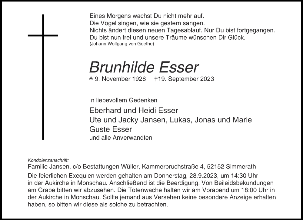  Traueranzeige für Brunhilde Esser vom 23.09.2023 aus Aachener Zeitung
