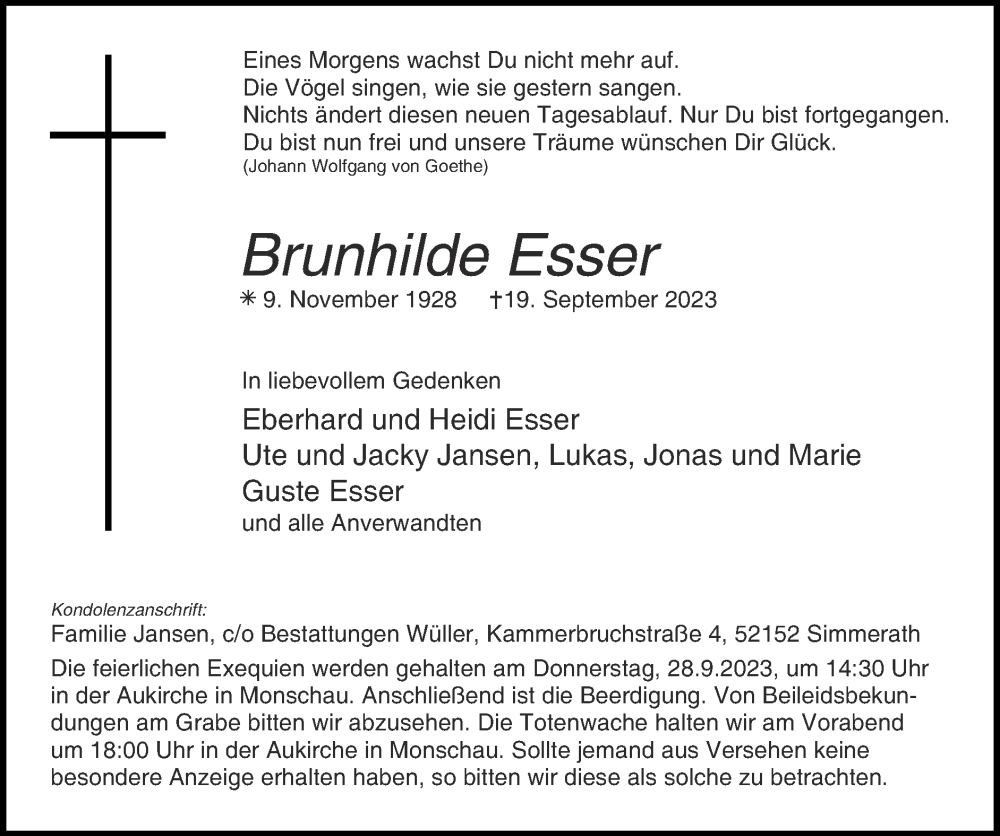  Traueranzeige für Brunhilde Esser vom 24.09.2023 aus Zeitung am Sonntag