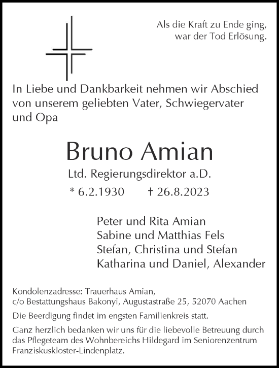 Traueranzeige von Bruno Amian von Aachener Zeitung