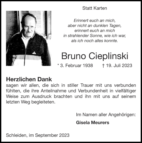 Traueranzeige von Bruno Cieplinski von Zeitung am Sonntag
