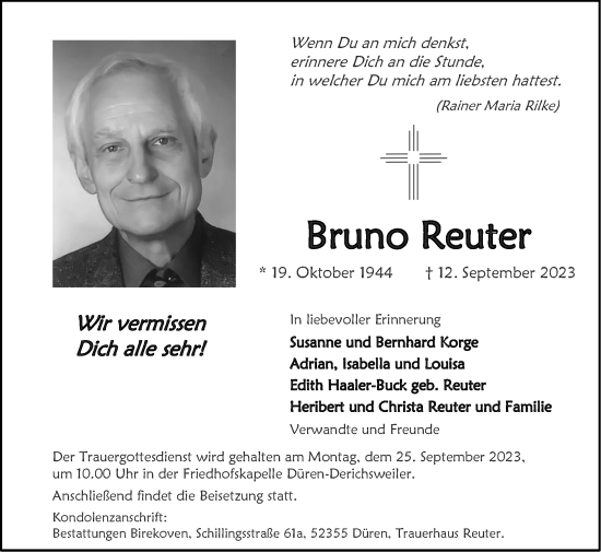 Traueranzeige von Bruno Reuter von Zeitung am Sonntag