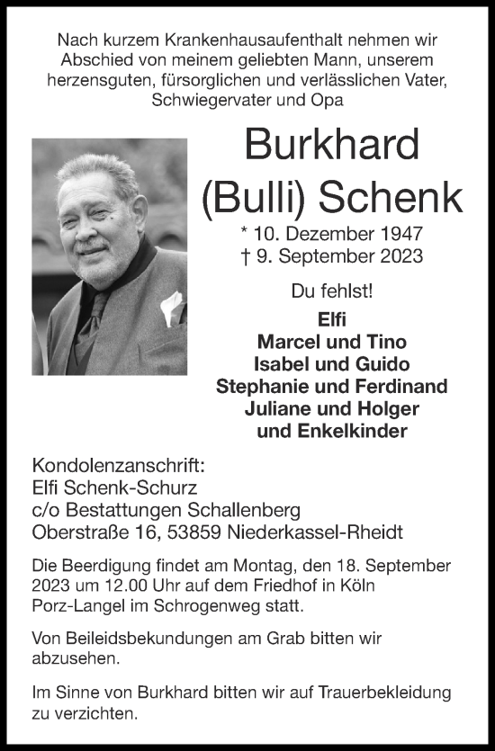 Traueranzeige von Burkhard Schenk von Zeitung am Sonntag