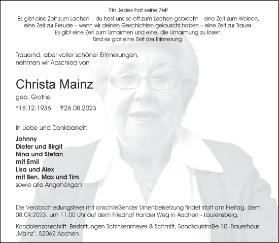 Traueranzeige von Christa Mainz von Aachener Zeitung