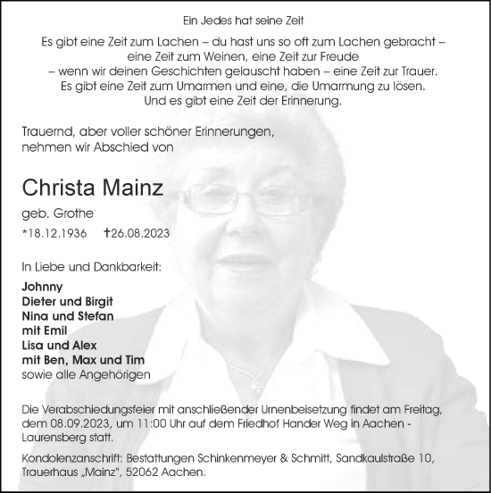 Traueranzeige von Christa Mainz von Zeitung am Sonntag