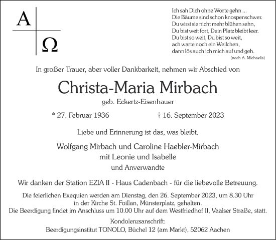 Traueranzeige von Christa-Maria Mirbach von Aachener Zeitung