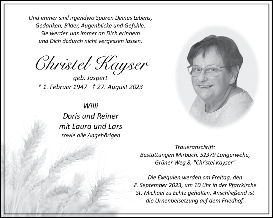 Traueranzeige von Christel Kayser von Aachener Zeitung