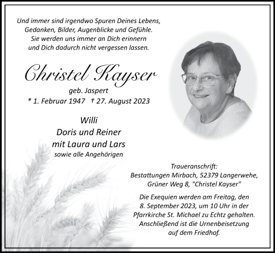 Traueranzeige von Christel Kayser von Zeitung am Sonntag