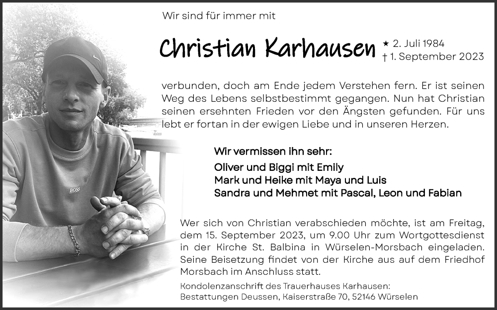  Traueranzeige für Christian Karhausen vom 10.09.2023 aus Zeitung am Sonntag