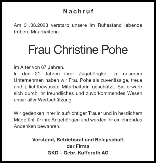 Traueranzeige von Christine Pohe von Aachener Zeitung