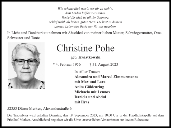 Traueranzeige von Christine Pohe von Zeitung am Sonntag