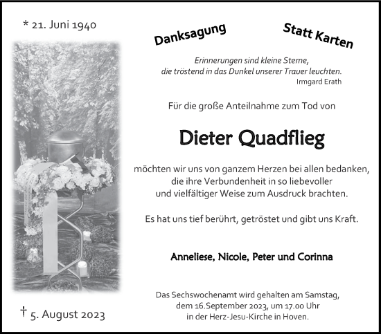Traueranzeige von Dieter Quadflieg von Zeitung am Sonntag