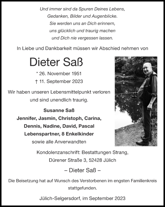 Traueranzeige von Dieter Saß von Zeitung am Sonntag