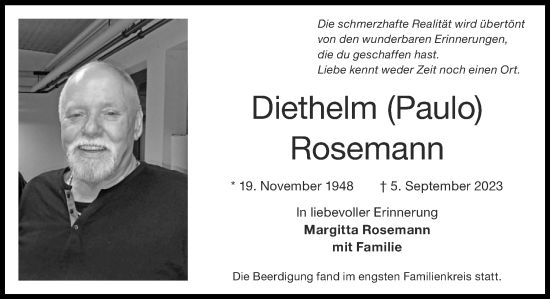 Traueranzeige von Diethelm Rosemann von Zeitung am Sonntag