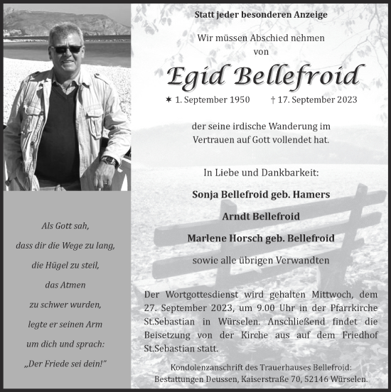 Traueranzeige von Egiid Bellefroid von Zeitung am Sonntag
