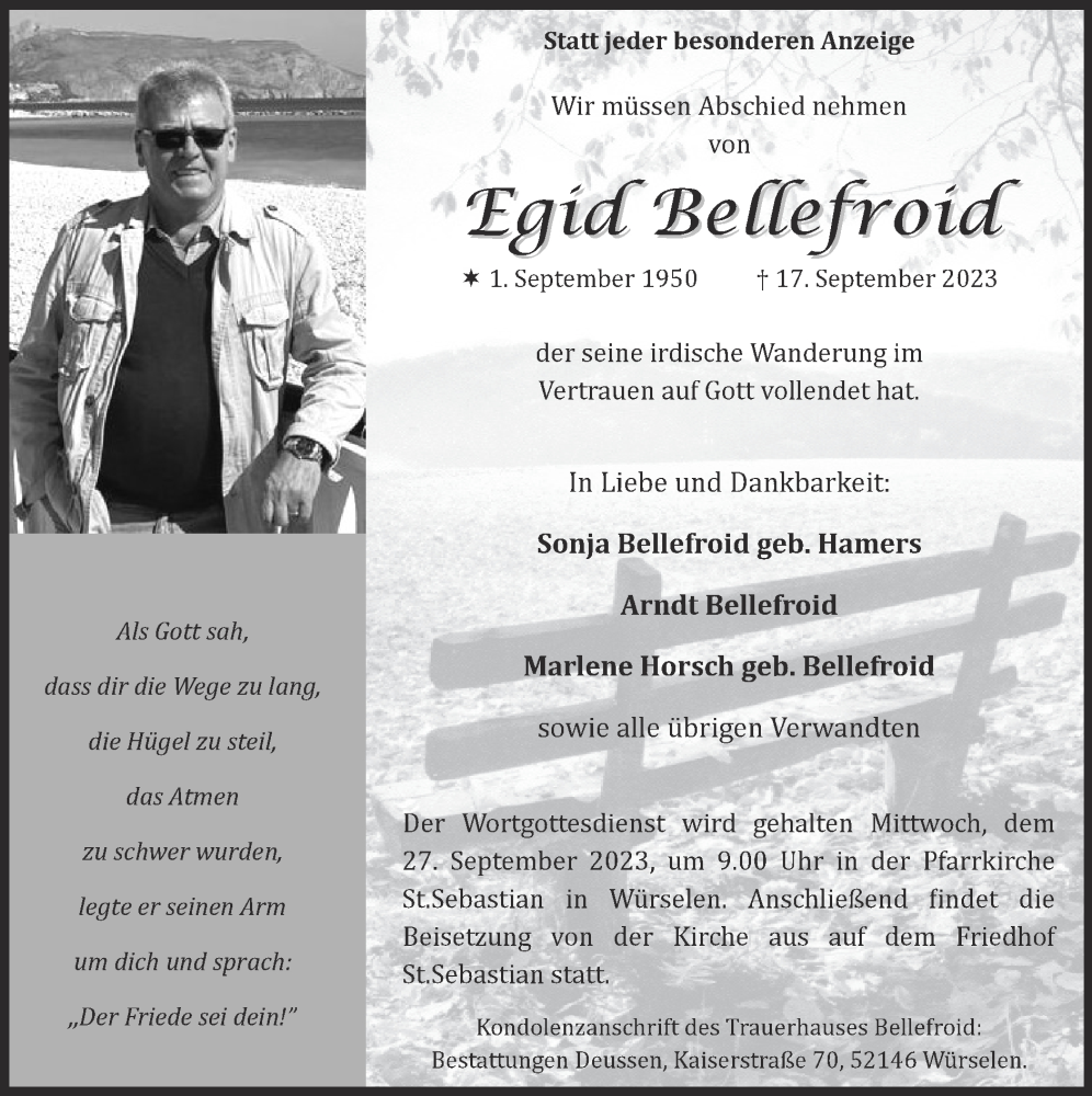  Traueranzeige für Egiid Bellefroid vom 24.09.2023 aus Zeitung am Sonntag