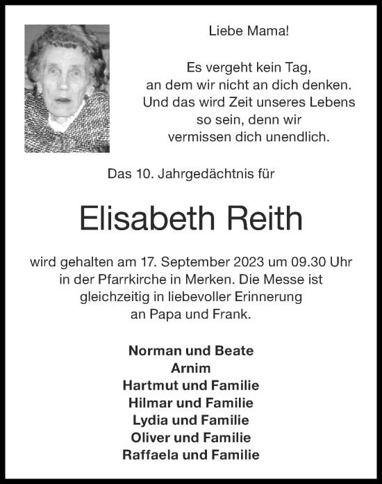 Traueranzeige von Elisabeth Reith von Zeitung am Sonntag