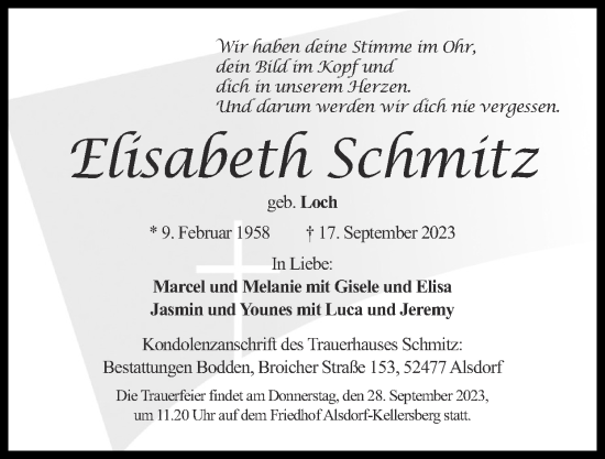 Traueranzeige von Elisabeth Schmitz von Zeitung am Sonntag