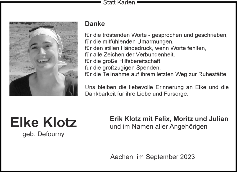  Traueranzeige für Elke Klotz vom 30.09.2023 aus Aachener Zeitung