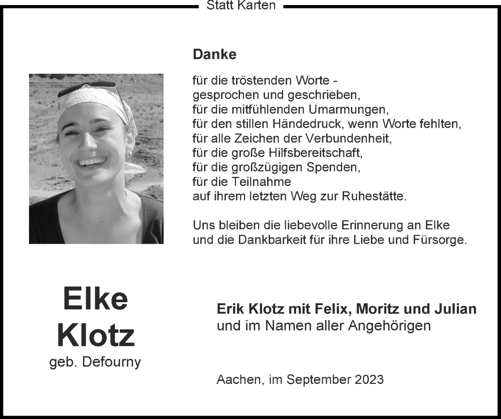  Traueranzeige für Elke Klotz vom 01.10.2023 aus Zeitung am Sonntag