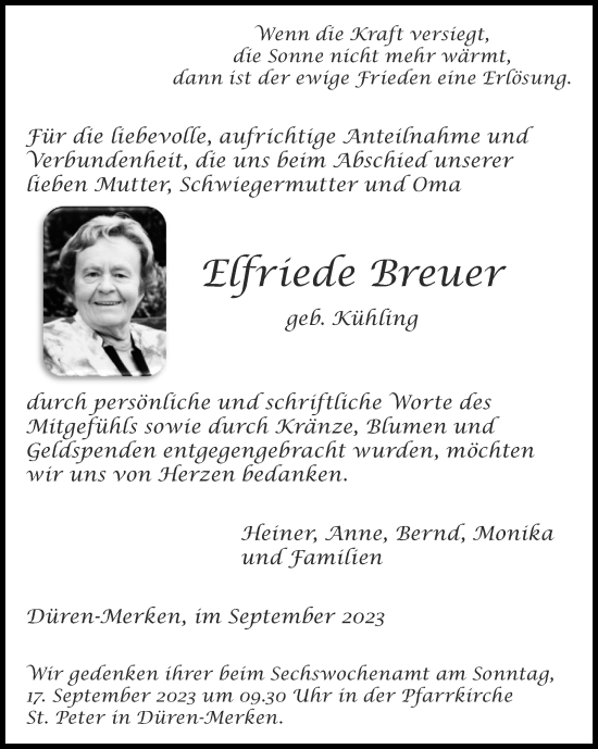 Traueranzeige von Erfriede Breuer von Zeitung am Sonntag