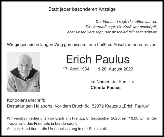 Traueranzeige von Erich Paulus von Zeitung am Sonntag