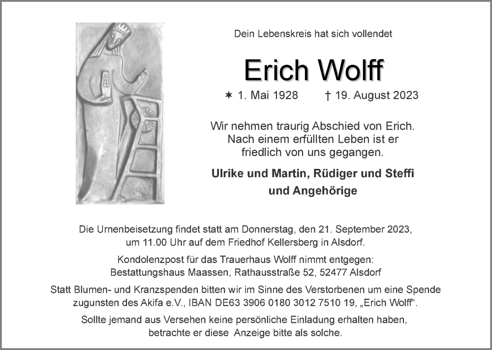 Traueranzeigen von Erich Wolff Aachen gedenkt