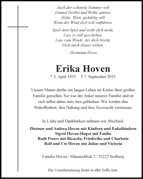 Traueranzeige von Erika Hoven von Zeitung am Sonntag