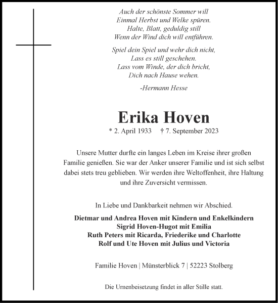 Traueranzeige von Erika Hoven von Aachener Zeitung