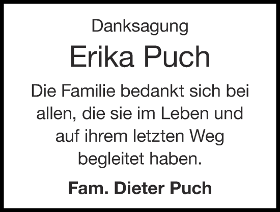 Traueranzeige von Erika Puch von Zeitung am Sonntag