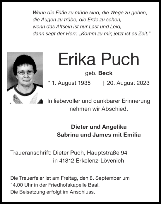 Traueranzeige von Erika Puch von Zeitung am Sonntag