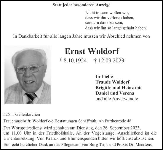 Traueranzeige von Ernst Woldorf von Zeitung am Sonntag