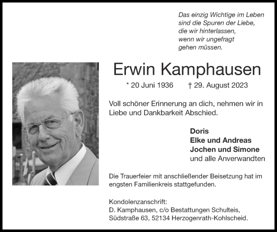 Traueranzeige von Erwin Kamphausen von Zeitung am Sonntag