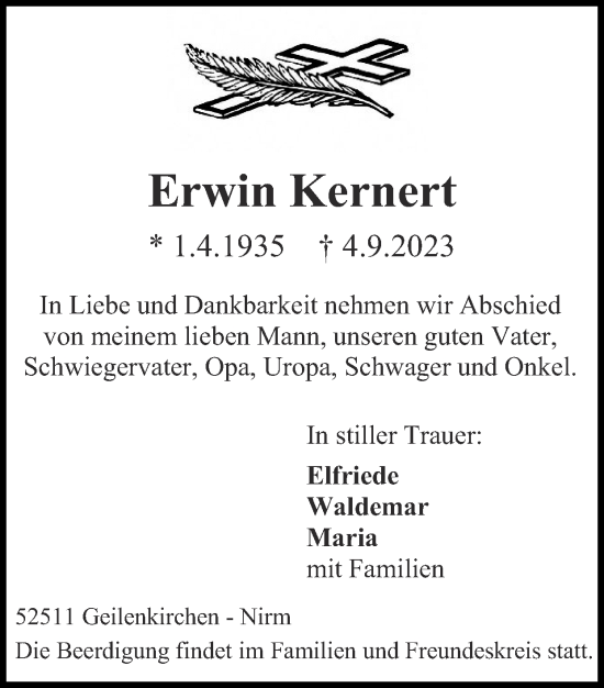 Traueranzeige von Erwin Kernert von Zeitung am Sonntag
