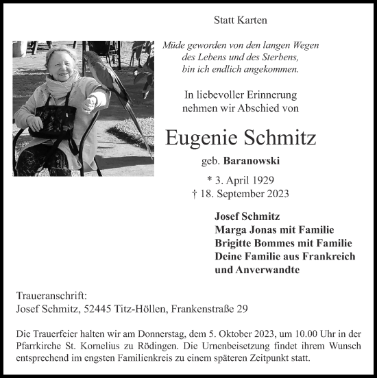 Traueranzeige von Eugenie Schmitz von Zeitung am Sonntag