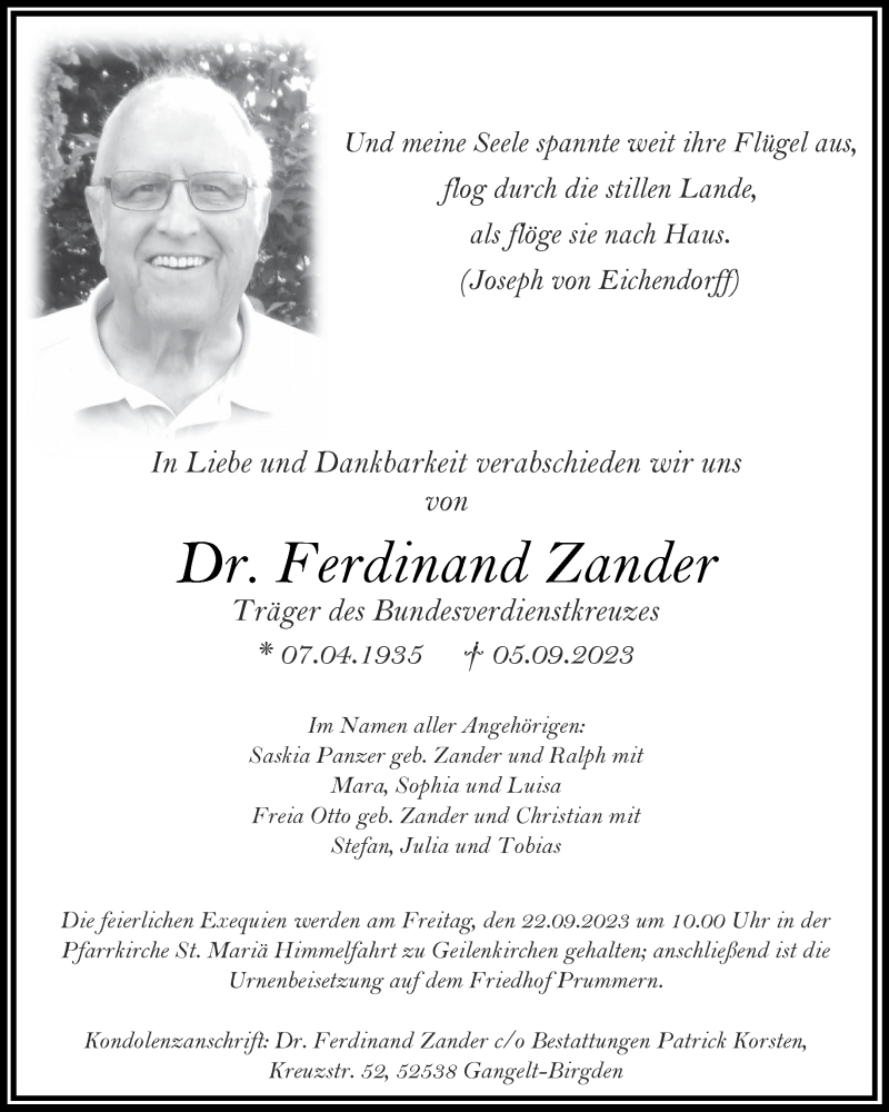  Traueranzeige für Ferdinand Zander vom 09.09.2023 aus Aachener Zeitung