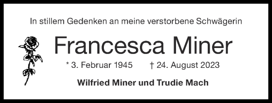 Traueranzeige von Francesca Miner von Zeitung am Sonntag