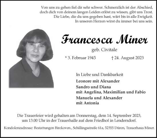 Traueranzeige von Francesca Miner von Zeitung am Sonntag