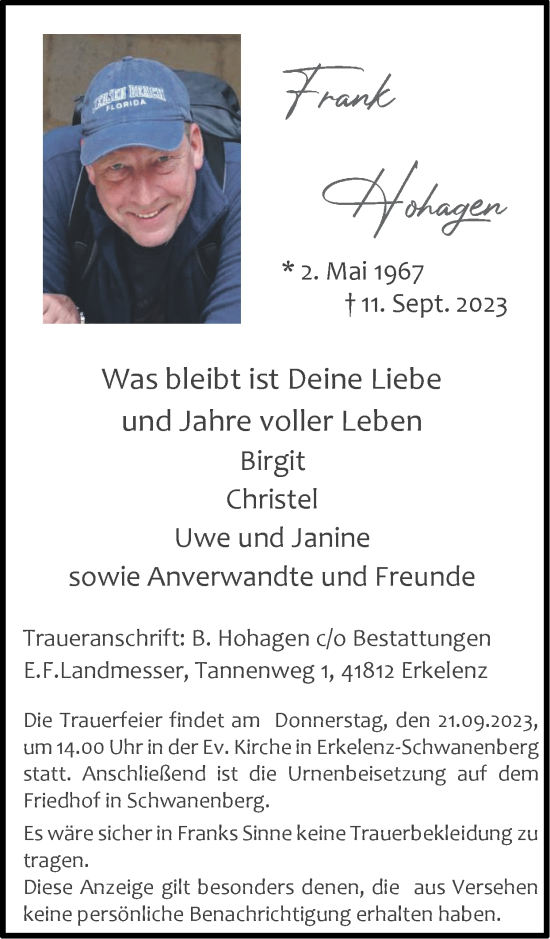 Traueranzeige von Frank Hohagen von Zeitung am Sonntag