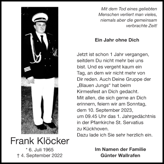 Traueranzeige von Frank Klöcker von Zeitung am Sonntag