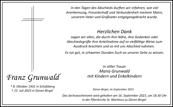Traueranzeige von Franz Grunwald von Zeitung am Sonntag