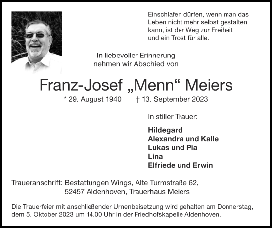 Traueranzeige von Franz-Josef Meiers von Zeitung am Sonntag