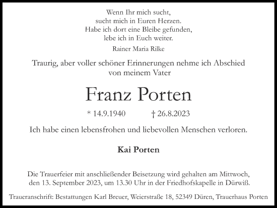Traueranzeige von Franz Porten von Zeitung am Sonntag