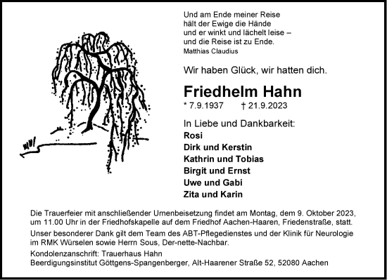 Traueranzeige von Friedhelm Hahn von Aachener Zeitung