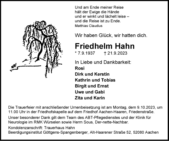 Traueranzeige von Friedhelm Hahn von Zeitung am Sonntag
