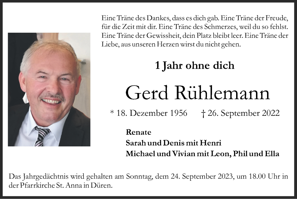  Traueranzeige für Gerd Rühlemann vom 17.09.2023 aus Zeitung am Sonntag